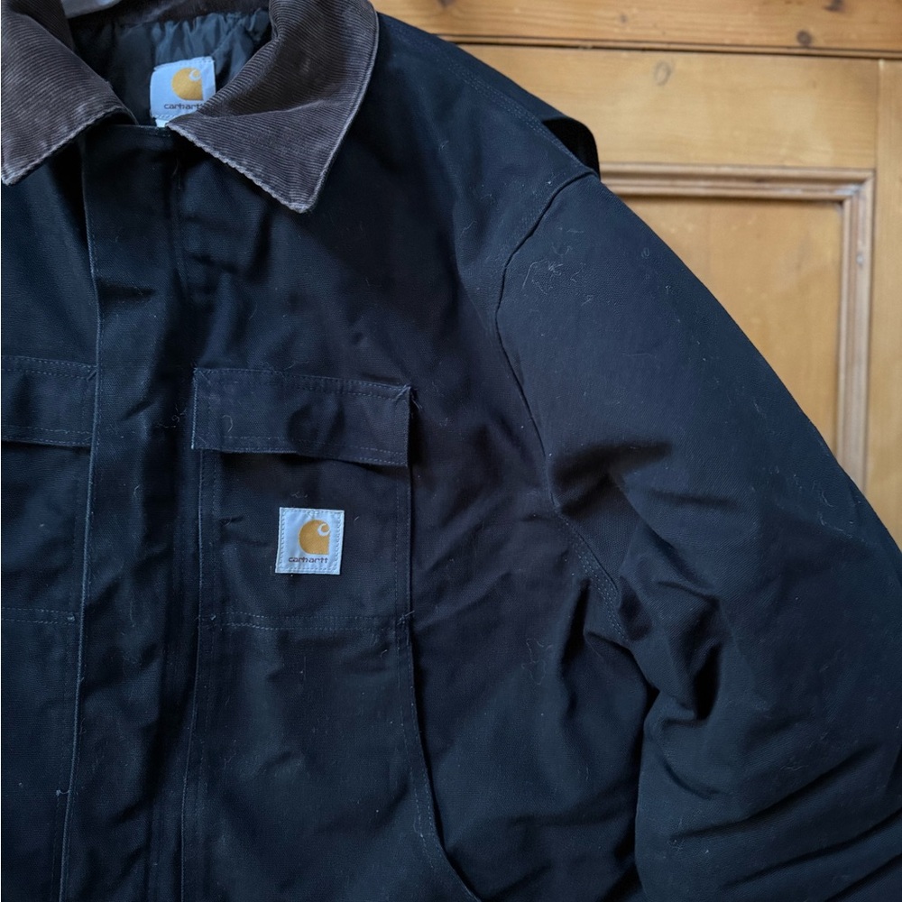 Carhartt black Jacket with brown corduroy Collar xxl long fit possibly vintage - Picture 3 of 6